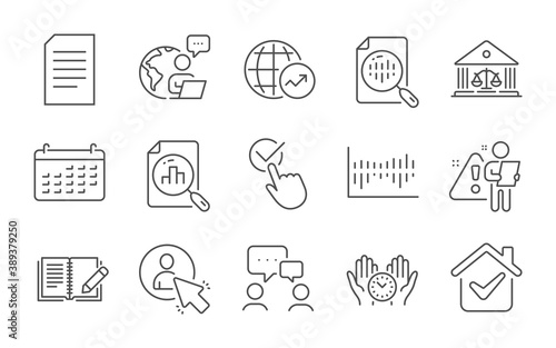Safe time, Analytics chart and User line icons set. Court building, World statistics and Checkbox signs. Document, People chatting and Calendar symbols. Line icons set. Vector
