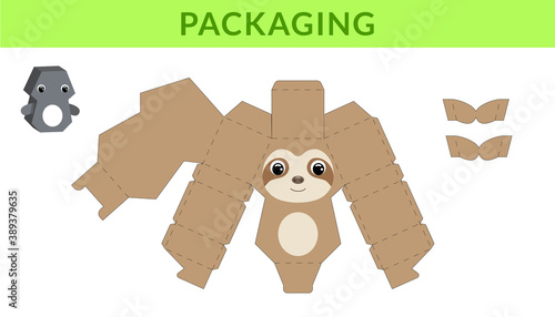 Party favor die cut sloth box for birthdays, baby showers for sweets, candies, small presents, bakery. Retail box blueprint template design. Print, cutout, fold, glue. Vector stock illustration.