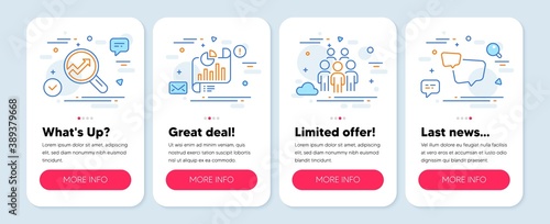 Set of Education icons, such as Analytics, Report document, Group people symbols. Mobile screen banners. Speech bubble line icons. Audit analysis, Growth chart, Business meeting. Chat message. Vector