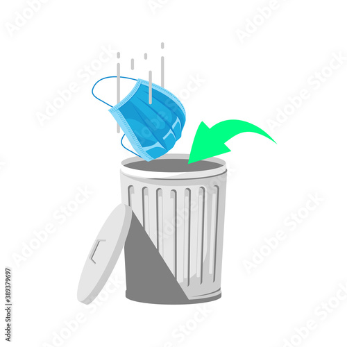 throw used mask in the bin or trash can concept illustration flat design icon, infographic. stock vector eps10