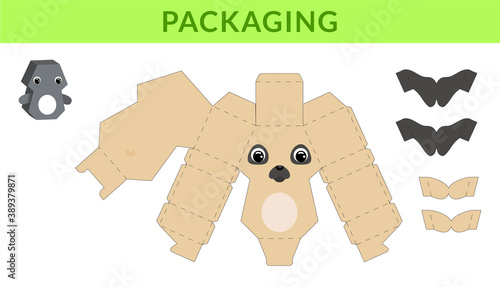 Party favor die cut pug dog box for birthdays, baby showers for sweets, candies, small presents, bakery. Retail box blueprint template design. Print, cutout, fold, glue. Vector stock illustration.