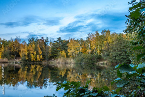 A beautiful little lake called Schnepfensee in Germany at a sunny day in Autumn with a colorful forest reflecting in the water.