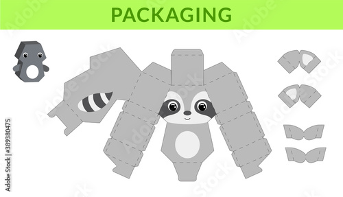 Party favor die cut raccoon box for birthdays, baby showers for sweets, candies, small presents, bakery. Retail box blueprint template design. Print, cutout, fold, glue. Vector stock illustration.