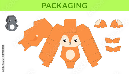 Party favor die cut fox box for birthdays, baby showers for sweets, candies, small presents, bakery. Retail box blueprint template design. Print, cutout, fold, glue. Vector stock illustration.