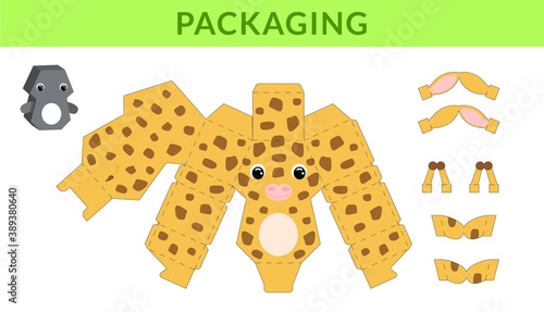 Party favor die cut giraffe box for birthdays, baby showers for sweets, candies, small presents, bakery. Retail box blueprint template design. Print, cutout, fold, glue. Vector stock illustration.