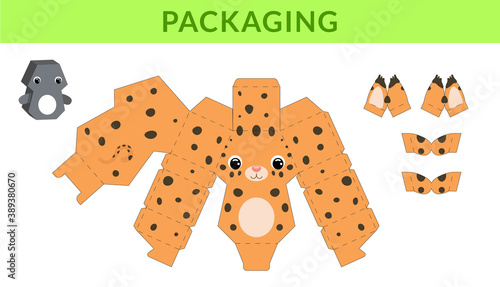 Party favor die cut lynx box for birthdays, baby showers for sweets, candies, small presents, bakery. Retail box blueprint template design. Print, cutout, fold, glue. Vector stock illustration.