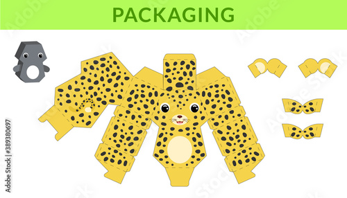 Party favor die cut jaguar box for birthdays, baby showers for sweets, candies, small presents, bakery. Retail box blueprint template design. Print, cutout, fold, glue. Vector stock illustration.