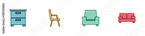Set Furniture nightstand, Armchair, and Sofa icon. Vector illustration