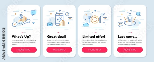 Set of Business icons, such as Loan percent, Food, Seo phone symbols. Mobile screen app banners. Augmented reality line icons. Growth chart, Restaurant, Search engine. Virtual reality. Vector