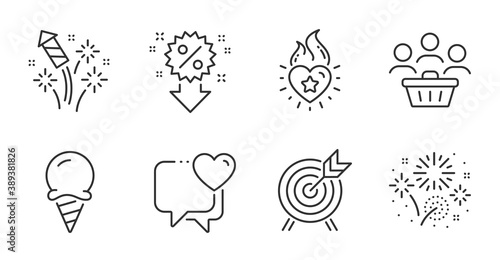 Heart flame, Archery and Fireworks rocket line icons set. Fireworks, Heart and Discount signs. Ice cream, Buyers symbols. Love fire, Attraction park, Pyrotechnic salute. Holidays set. Vector