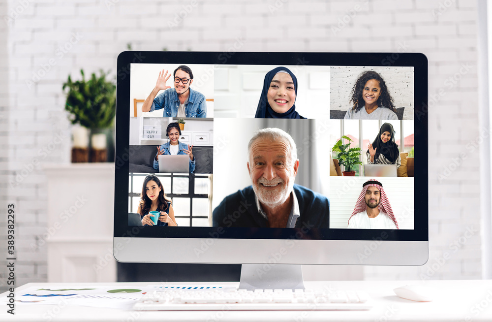 Creative desktop computer screen view with group of multiracial business diverse colleagues discussing meeting strategy sharing ideas thoughts in webcam conference video call app in modern minimal Creative desktop computer screen view with group of multiracial business diverse colleagues discussing meeting strategy sharing ideas thoughts in webcam conference video call app in modern minimal
