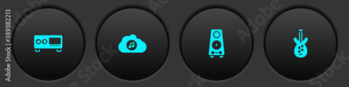 Set Guitar amplifier, Music streaming service, Stereo speaker and Electric bass guitar icon. Vector.