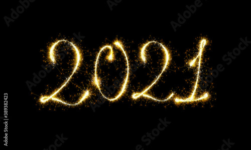 2021 sparkling burning golden numbers on dark black background. Vector concept for websine, application, banner and Christmas decoration.