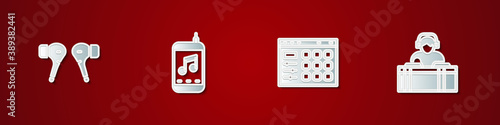Set Air headphones, Music player, Drum machine and DJ playing music icon. Vector.