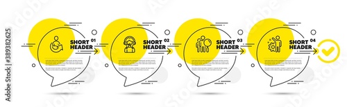 Support, Search people and Share line icons set. Timeline infograph speech bubbles. Employee sign. Call center, Find employee, Referral person. Cogwheel. People set. Vector