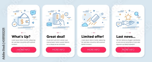Set of Finance icons, such as Wallet, Contactless payment, Credit card symbols. Mobile screen banners. Loyalty program line icons. Affordability, Bank money, Bank payment. Bonus star. Vector