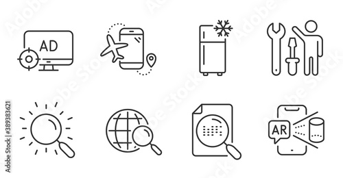 Repairman, Search and Augmented reality line icons set. Web search, Flights application and Refrigerator signs. Seo adblock symbol. Repair screwdriver, Find document, Phone simulation. Vector
