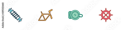 Set Bicycle suspension, frame, bell and sprocket crank icon. Vector.