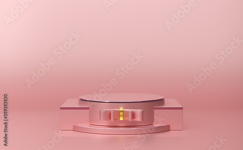 podium empty with geometric shapes in pink pastel composition for modern stage display and minimalist mockup ,abstract showcase background ,Concept 3d illustration or 3d render