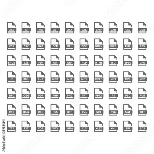 File type vector icons. File format icon set, files buttons.