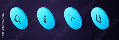 Set Isometric Bicycle air pump, handlebar, Sport bottle with water and lock icon. Vector.