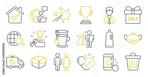 Set of line icons, such as Trash bin, Star rating, Opened box symbols. Medical mask, Internet search, Car service signs. Shampoo, Tea, Businessman. Restroom, Award cup, Sale offer. Vector