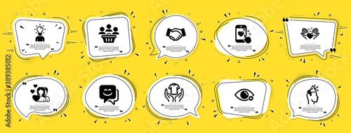 People icons set. Speech bubble offer banners. Yellow coupon badge. Included icon as Brand ambassador, Hold t-shirt, Education signs. Heart rating, Handshake, Couple symbols. Vector