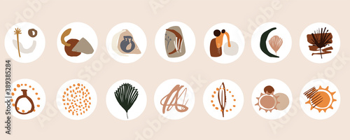 Set of various abstract cover highlights for social networks. Round modern icons. Bohemian design. Vector set of decorative elements in the boho style. Vases, plants, spots in warm shades