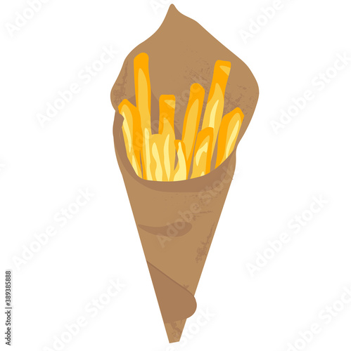 French fries in a paper bag vector stock illustration. Traditional street food of Belgium, Brussels. french fried potato straws feathers close-up. Hungarian Cuisine.fast food isolated on white