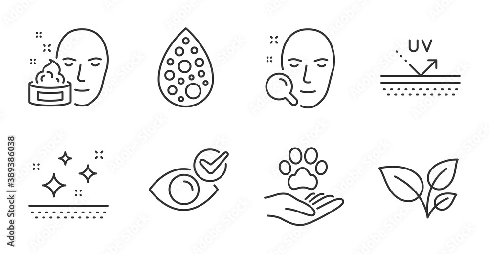 Check eye, Clean skin and Artificial colors line icons set. Face cream, Uv protection and Face search signs. Pets care, Leaves symbols. Vision, Natural flavor, Gel. Healthcare set. Vector