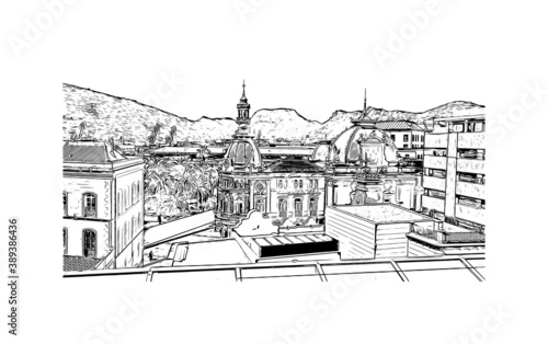 Building view with landmark of Cartagena is a port city and naval base in the Murcia region of southeast Spain. Hand drawn sketch illustration in vector.