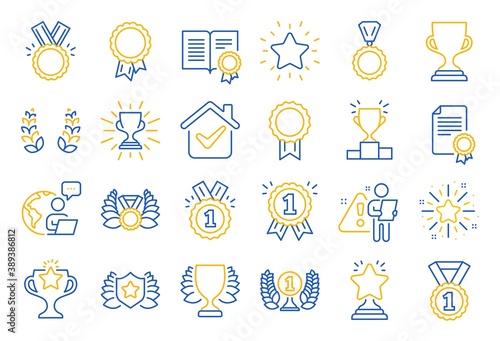 Award line icons. Set of Winner medal, Victory cup and Laurel wreath award icons. Reward, Certificate and Diploma message. Glory shield, Prize winner, rank star, diploma certificate. Vector