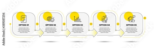 Edit document, Diagram graph and Seo gear line icons set. Timeline process flowchart. Employee sign. Page with pencil, Presentation chart, Web settings. Cogwheel. Technology set. Vector