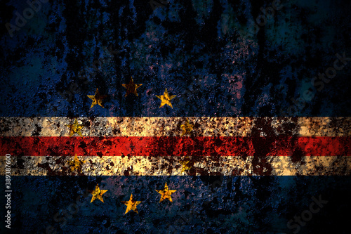 Cape Verde, Cabo Verde flag on grunge metal background texture with scratches and cracks