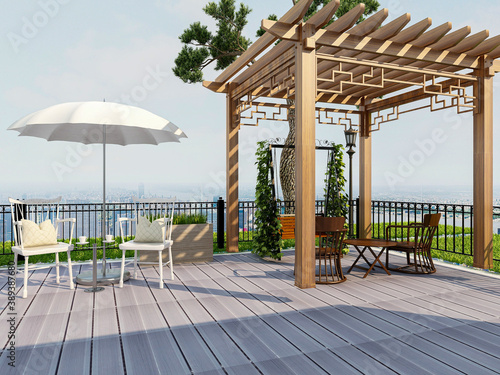 Картината върху платно The sunshine sprinkles in the broad terrace courtyard, is everybody weekend ente