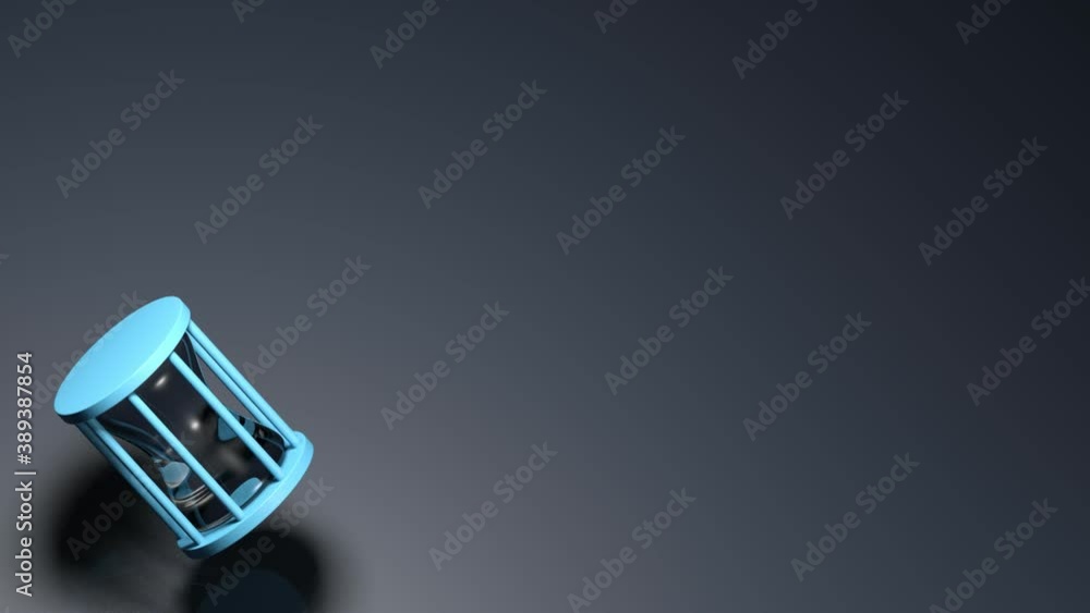A blue hourglass is rotating in the air over a blue backround, at the left bottom corner of the screen - 3D rendering illustration A blue hourglass is rotating in the air over a blue backround, at the left bottom corner of the screen - 3D rendering illustration