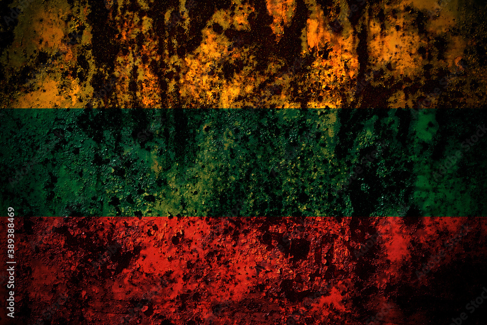Lithuania, Lithuanian flag on grunge metal background texture with scratches and cracks