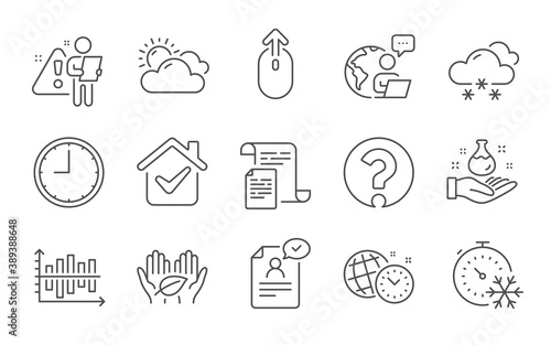 Freezing timer, Time management and Question mark line icons set. Swipe up, Chemistry lab and Documents signs. Diagram chart, Time and Resume document symbols. Line icons set. Vector