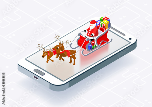 Santa Clause and renders at the screen of mobile device. Christmas symbols 