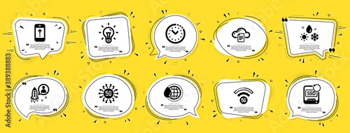 Science icons set. Speech bubble offer banners. Yellow coupon badge. Included icon as 5g wifi, Weather, Recovery ssd signs. 5g technology, Idea, Startup symbols. Vector