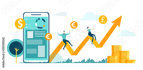 Happy people using online banking, make online payment, transfer, online shipping, mobile banking, banking application, loyalty, saving program. Digital way to pay. 