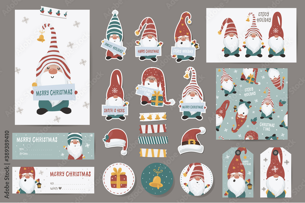 Christmas set with Christmas cards, stickers, labels, stamps, tags with gnomes
