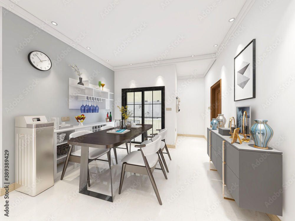 Clean and tidy dining room has wooden table and chair, very neat and clean Clean and tidy dining room has wooden table and chair, very neat and clean