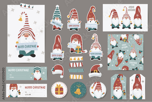 Christmas set with Christmas cards, stickers, labels, stamps, tags with gnomes