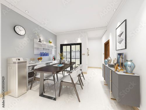 Clean and tidy dining room has wooden table and chair, very neat and clean