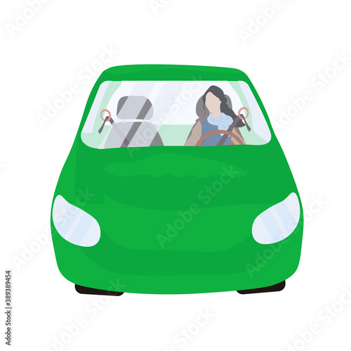 Girl in a car vector stock illustration. Beautiful woman driving a green car. Car loans test drive. Driving school. Isolated on a white background.
