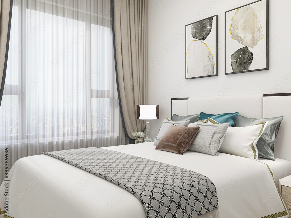 Fototapeta premium Modern design of the bedroom, there are large bed, dressing table and other facilities
