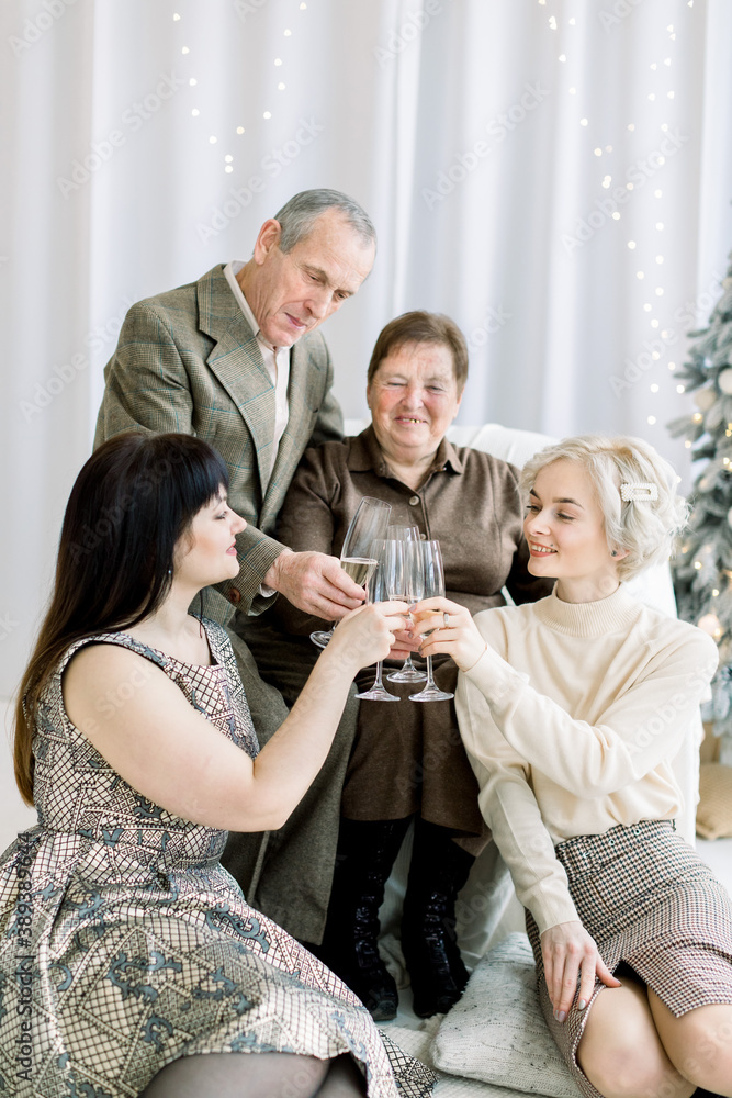 Celebration, family, generations and holidays concept. Senior happy couple clinking champagne glasses with their young pretty two granddaughters, celebrating New Year or Christmas Celebration, family, generations and holidays concept. Senior happy couple clinking champagne glasses with their young pretty two granddaughters, celebrating New Year or Christmas