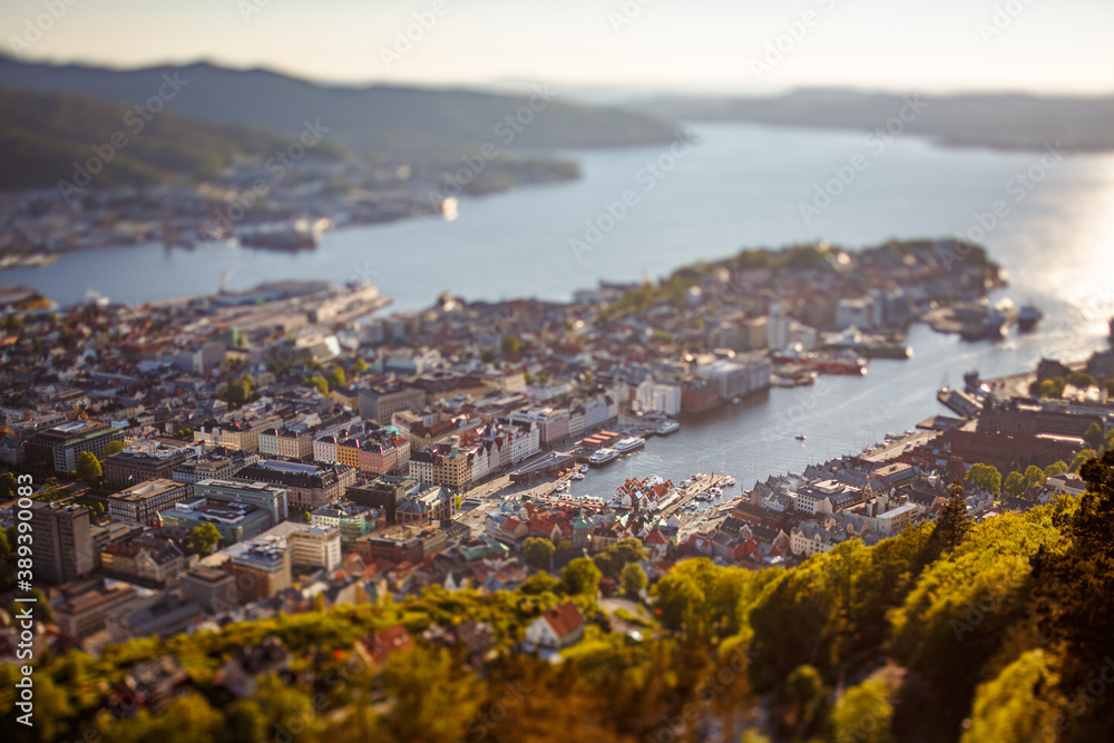 View on Bergen Norway. Tilt shift lens. Bergen is a city and municipality in Hordaland on the west coast of Norway. Bergen is the second-largest city in Norway.