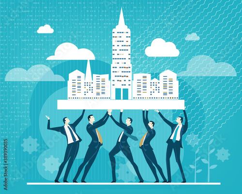 Successful business people holding up the City project, new financial and office development. Building industry. architecture and investment concept illustration 